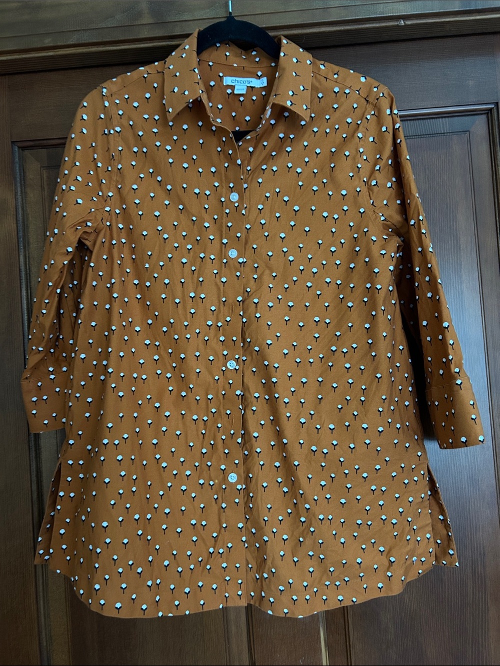 Chico's Mustard Brown Dot-Cluster Button Front Shirt